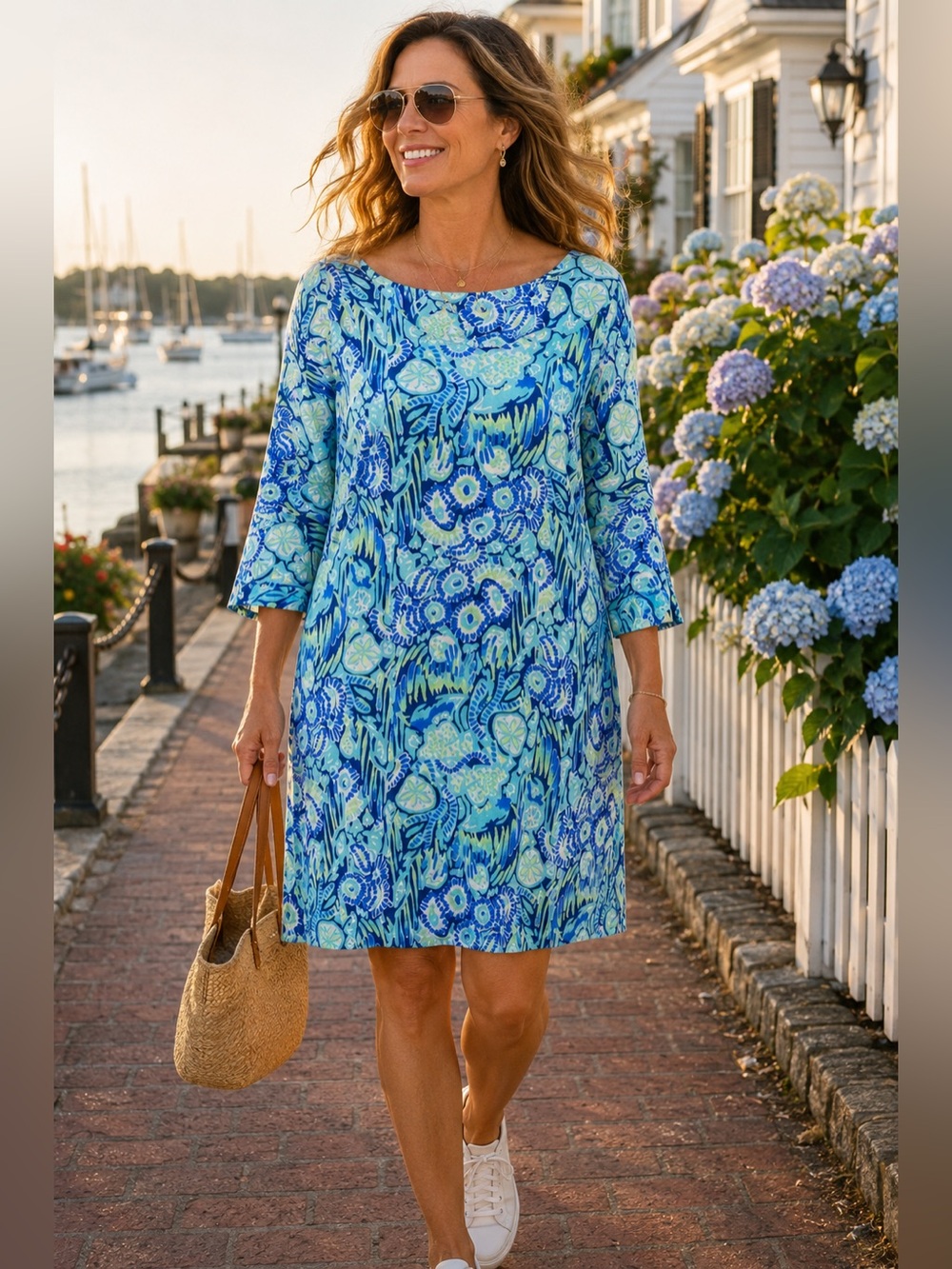 Lilly‎ Pulitzer Marlowe Shift Dress Indigo Sunset Swim Pima Cotton L 3/4 Sleeve